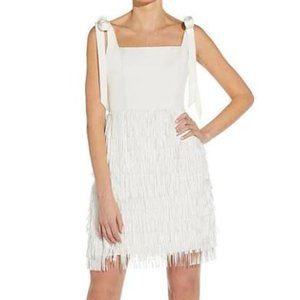 Aidan Mattox White Crepe & Fringe Square Neck Bow Strap Sleeveless Dress